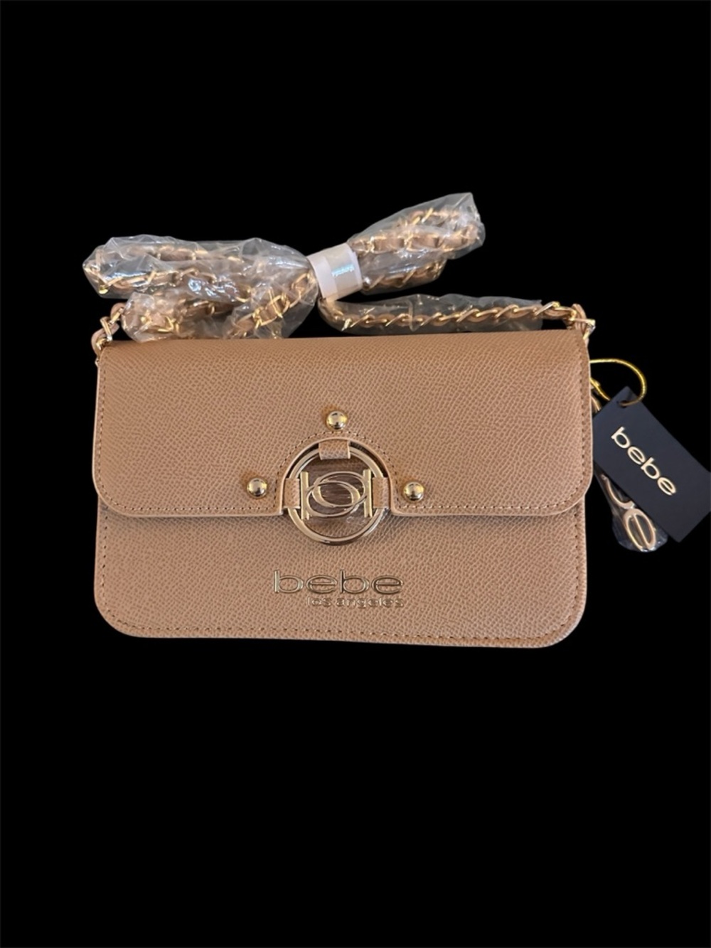 bebe Beige Crossbody Bag with Gold Chain and Logo Accent - Picture 3 of 4